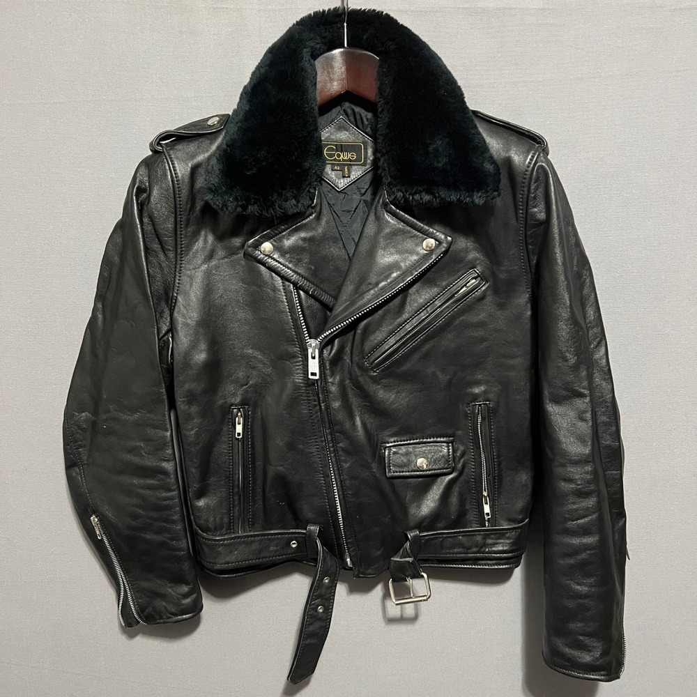 Vintage Equus Black Leather Motorcycle Jacket VTG Fur Collar 1980s Biker Moto 42